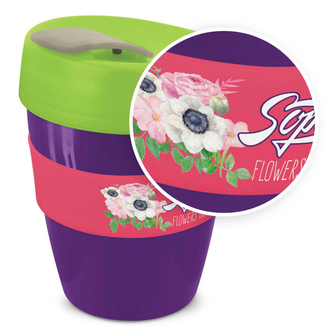A drink bottle with a purple body, green lid, and floral design on the band. It features a logo.