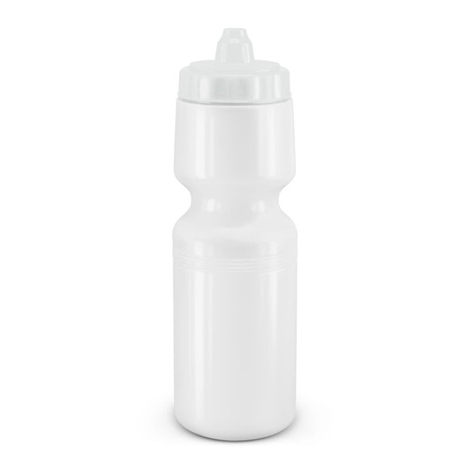 A drink bottle with a squeeze design in a solid white color, featuring a light-colored cap.