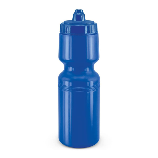 A drink bottle in a vibrant blue color, featuring a molded grip and a nozzle cap for easy dispensing.