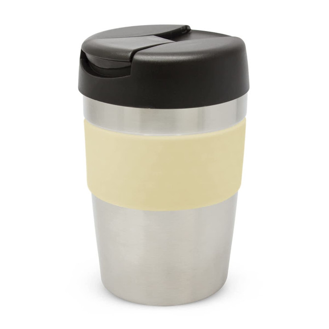 A drink bottle featuring a stainless steel body, cream silicone grip, and a black lid. It has a logo on the side.