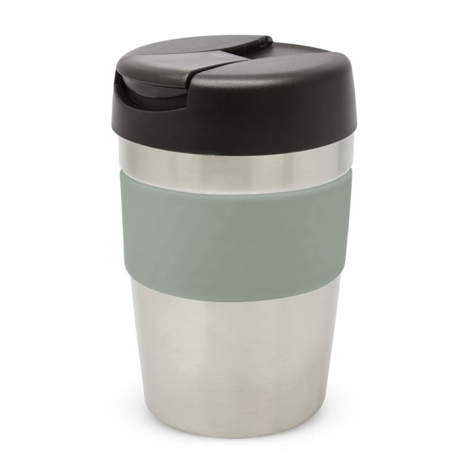 A drink bottle with a stainless steel body, grey silicone band, and a black lid. It features a logo on the side.