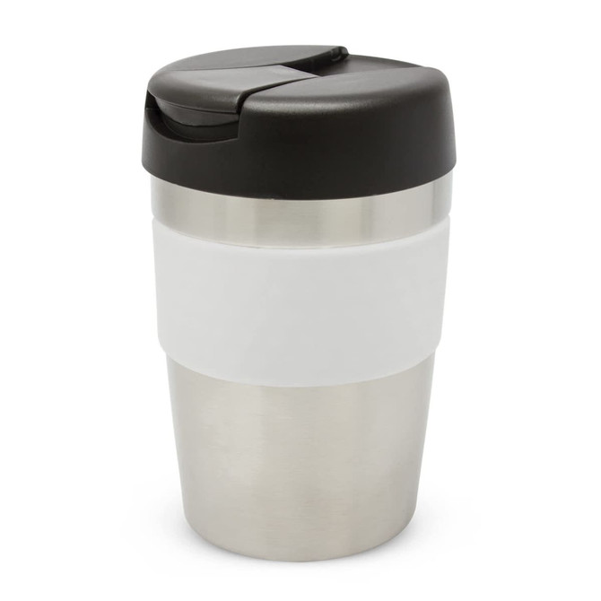 A drink bottle with a stainless steel body, white silicone band, and a black lid. It features a logo on the front.