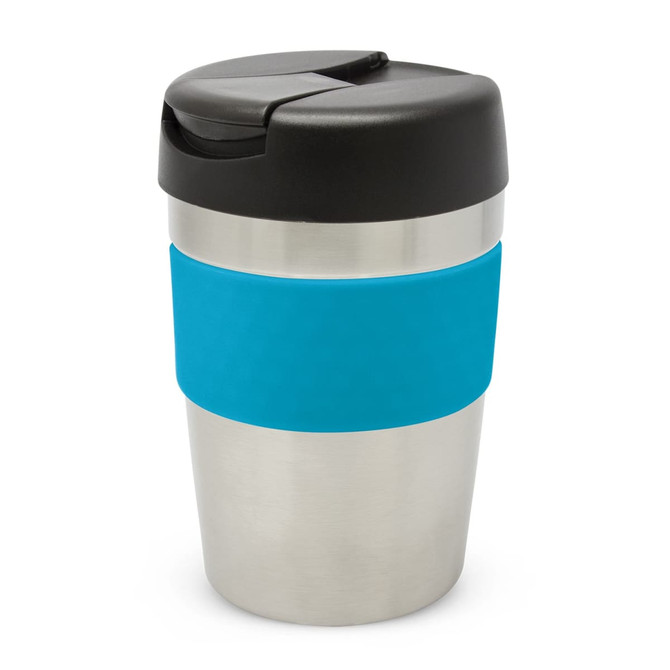 A drink bottle with a stainless steel body, a black lid, and a blue silicone grip. It features a logo.