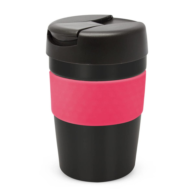 A drink bottle featuring a black body with a pink silicone grip and a black lid. It has a logo on the side.