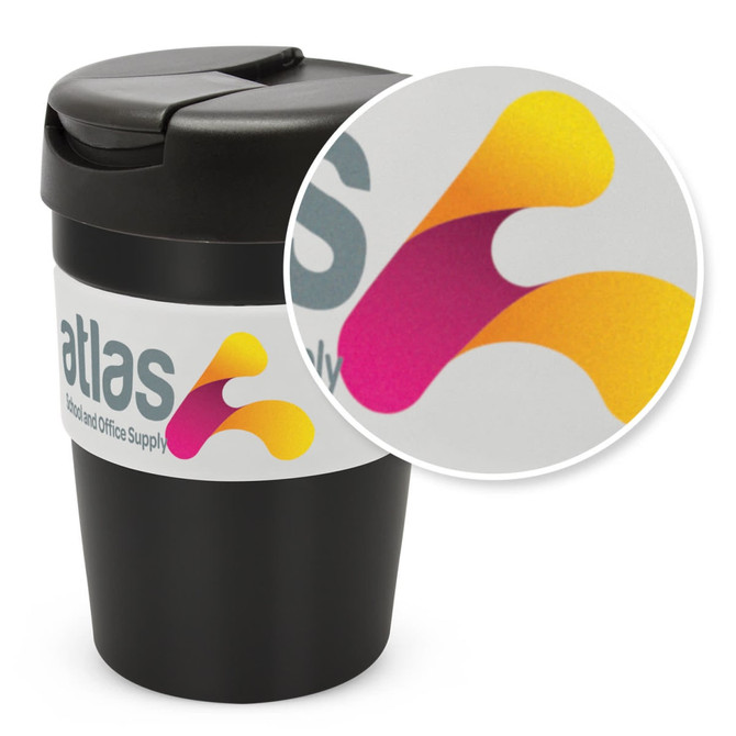 A drink bottle in black with a lid and a circular band featuring a vibrant orange and pink logo.