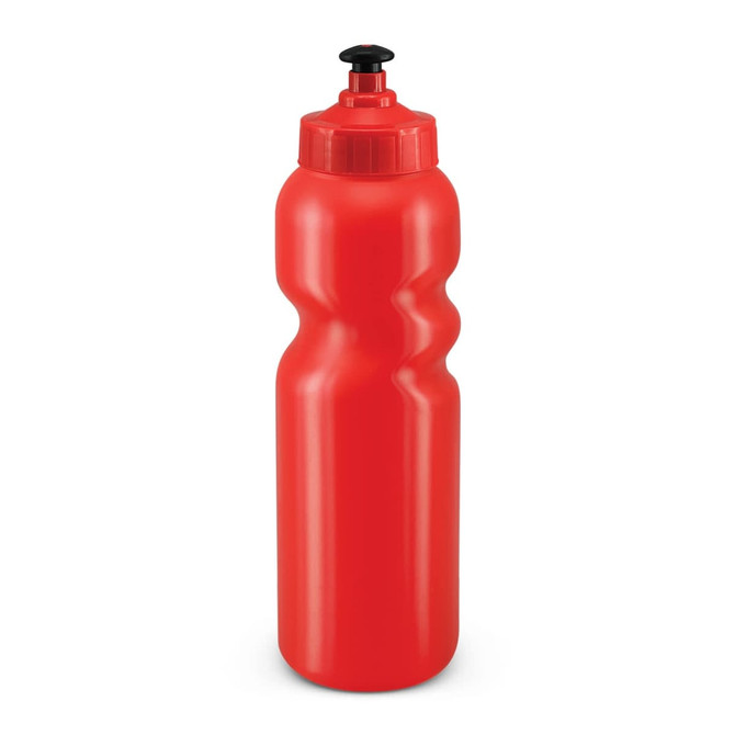A drink bottle with a textured grip and a push-pull nozzle, featured in a vibrant red color.