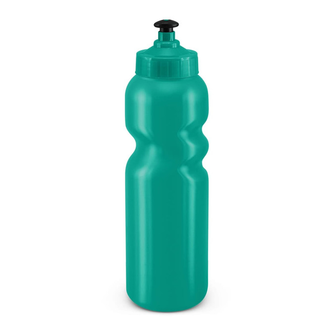 A drink bottle in vibrant teal color featuring a contoured shape and a black push-pull cap.