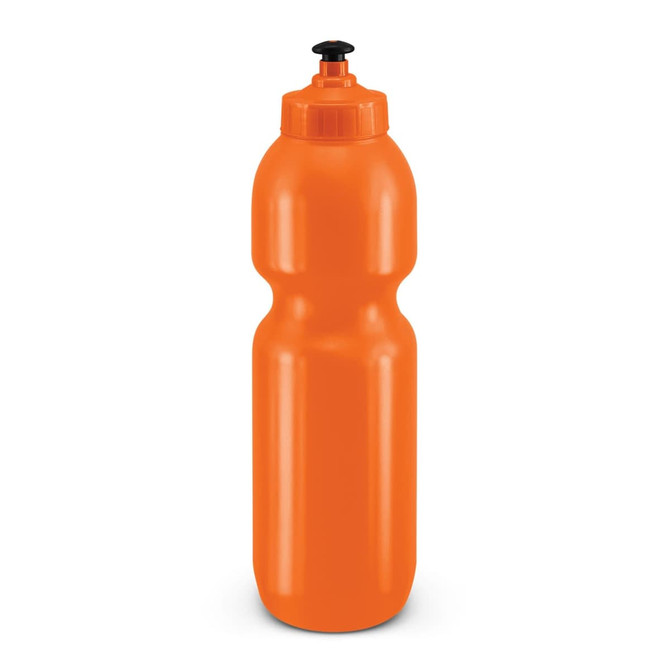 A drink bottle in bright orange with a black spout and a rounded design. Features a logo.