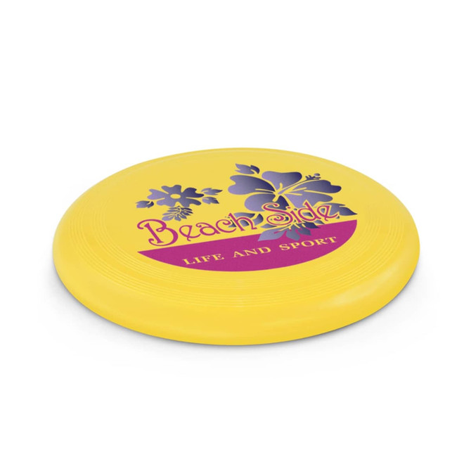 A yellow frisbee featuring floral designs and a logo, designed for fun and games.