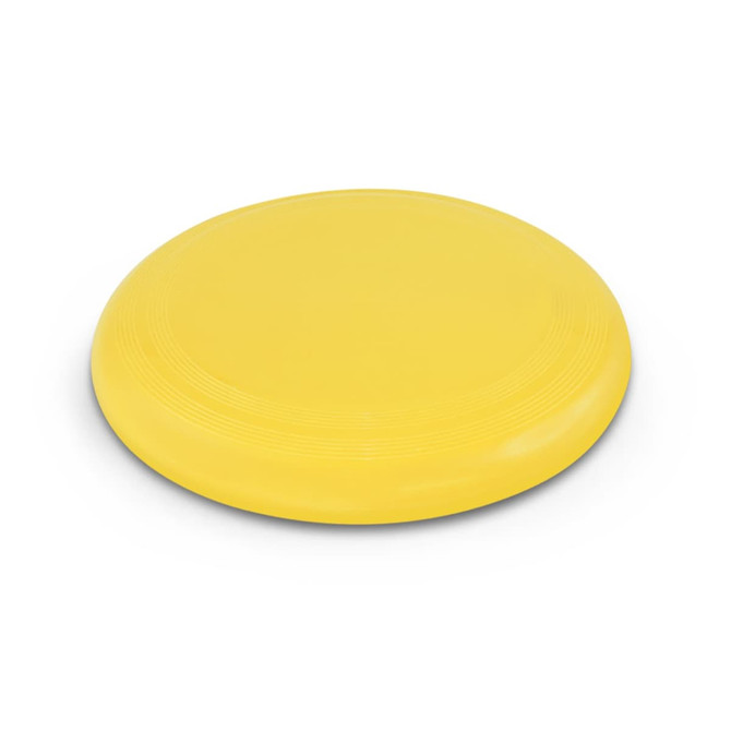A yellow flying disc featuring a smooth surface and raised concentric rings.