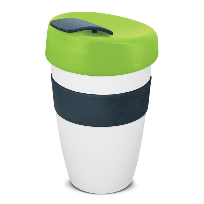 A drink bottle featuring a white body, green top, and navy silicone band, with a branded logo. Capacity: 480ml.