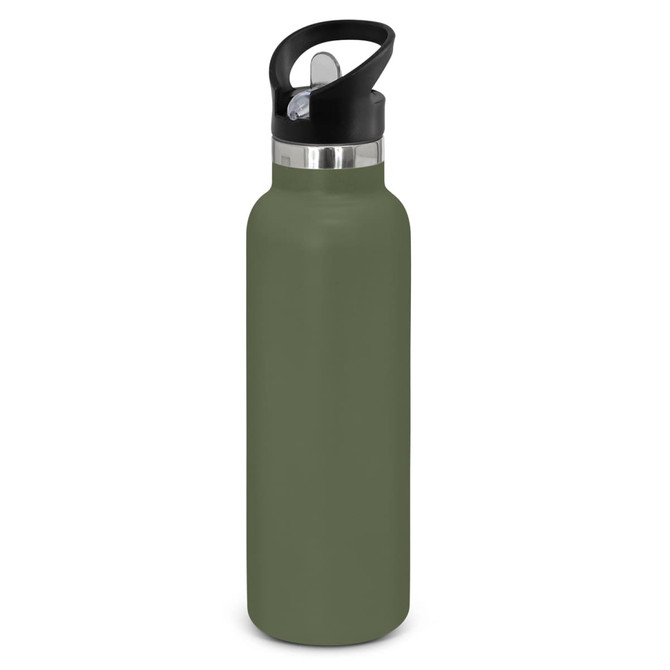 A drink bottle in a muted green colour with a black lid and a handle, featuring a logo.