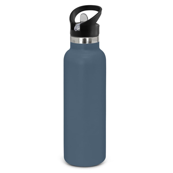 A drink bottle in a powder-coated matte blue finish with a black lid and handle, featuring a logo.