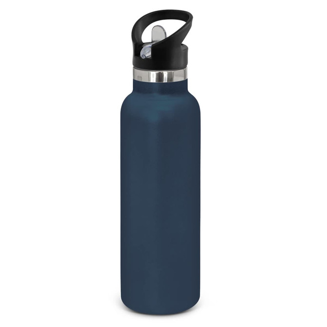 A drink bottle in a dark navy blue powder-coated finish features a stainless steel top with a black handle and a spout.