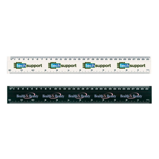 A white and black flip ruler featuring tech support and health & beauty branding in multi-coloured text.