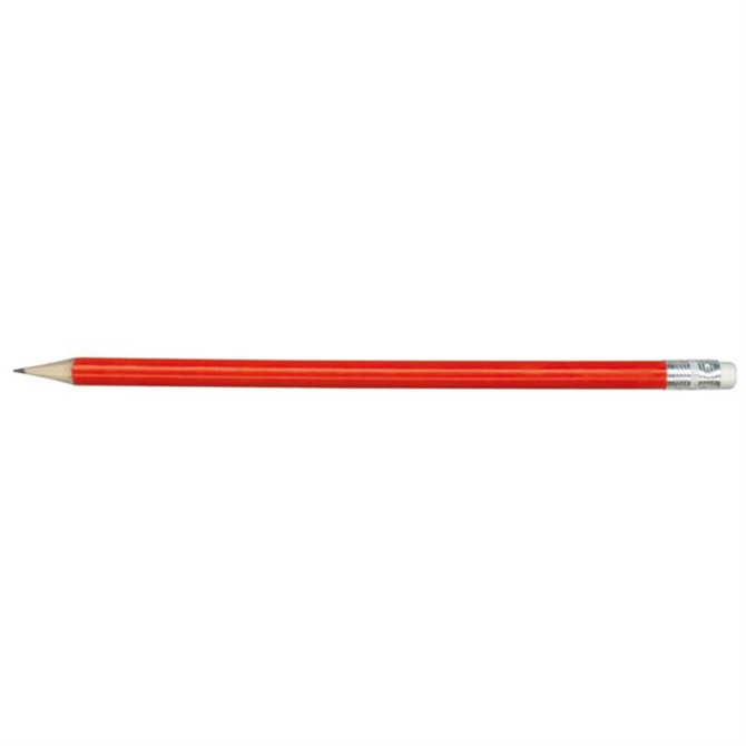 A grey-lead HB pencil with a bright red body and a sharpened point.
