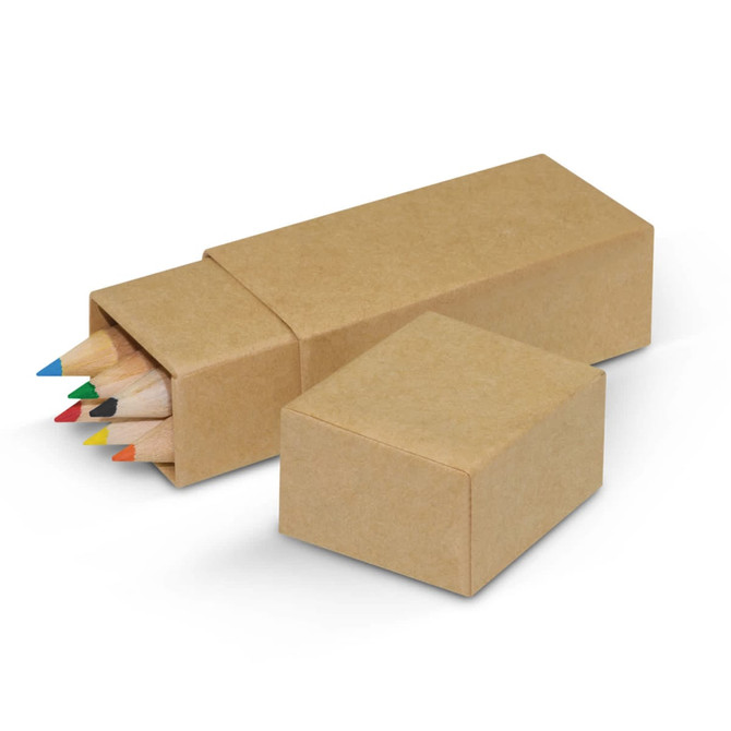 A coloured pencil set featuring multiple pencils in green, blue, yellow, orange, and red, packaged in a simple kraft box.