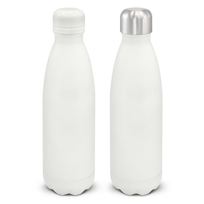 A drink bottle in matte white with a screw-on cap and a silver lid, featuring a logo.