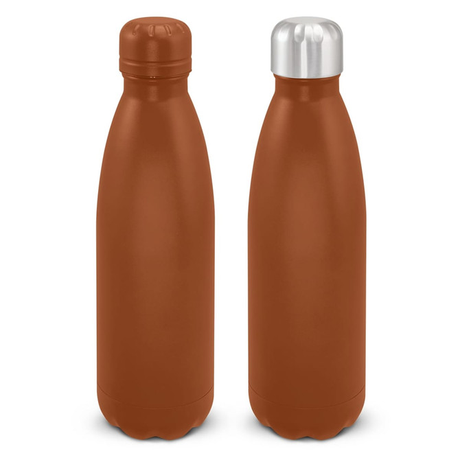 A drink bottle in a rich brown colour with a stainless steel cap, featuring a smooth, matte finish and a logo.