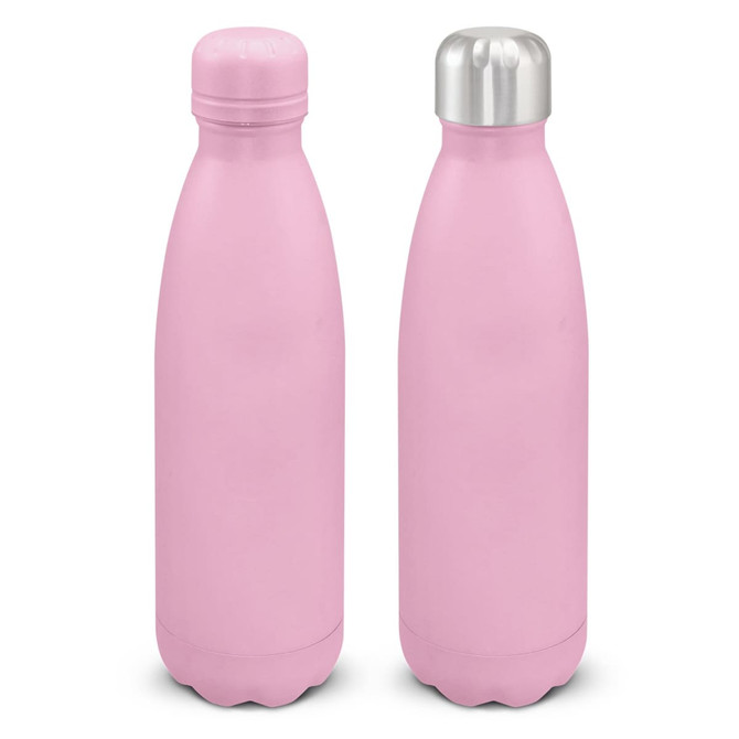 A drink bottle with a smooth pink powder-coated finish and a silver metal cap. It features a logo.