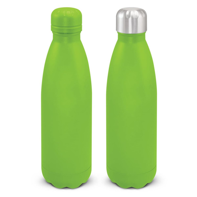 A drink bottle featuring a vibrant green powder-coated finish with a metallic silver cap and a branding logo.