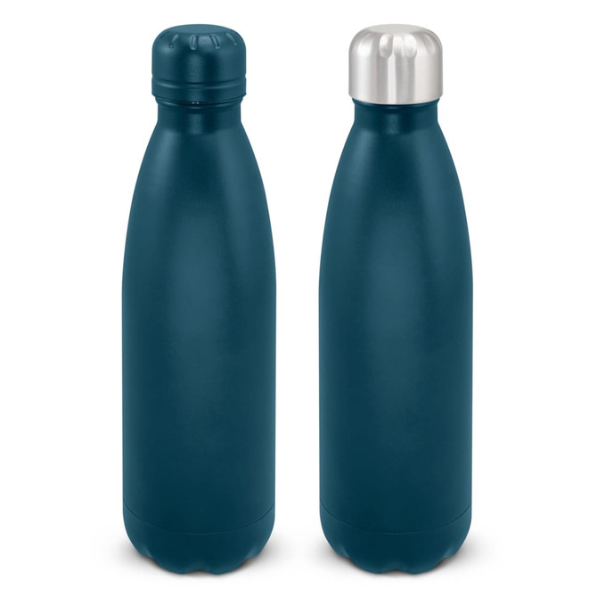 A drink bottle featuring a matte teal finish and a stainless steel cap, with a sleek, modern design and logo.