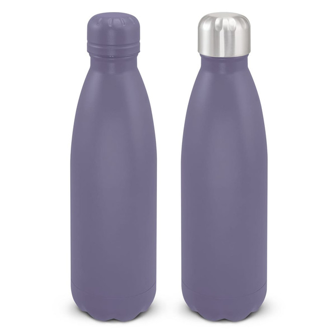 A drink bottle featuring a matte purple finish and a stainless steel screw-on lid, with a logo on the side.