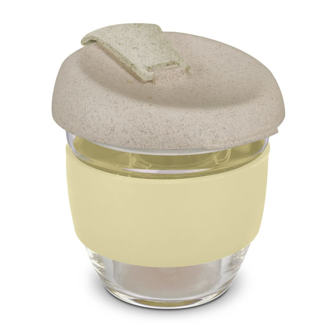 A drink bottle with a clear glass body, beige lid, and soft yellow silicone band. It features a logo.