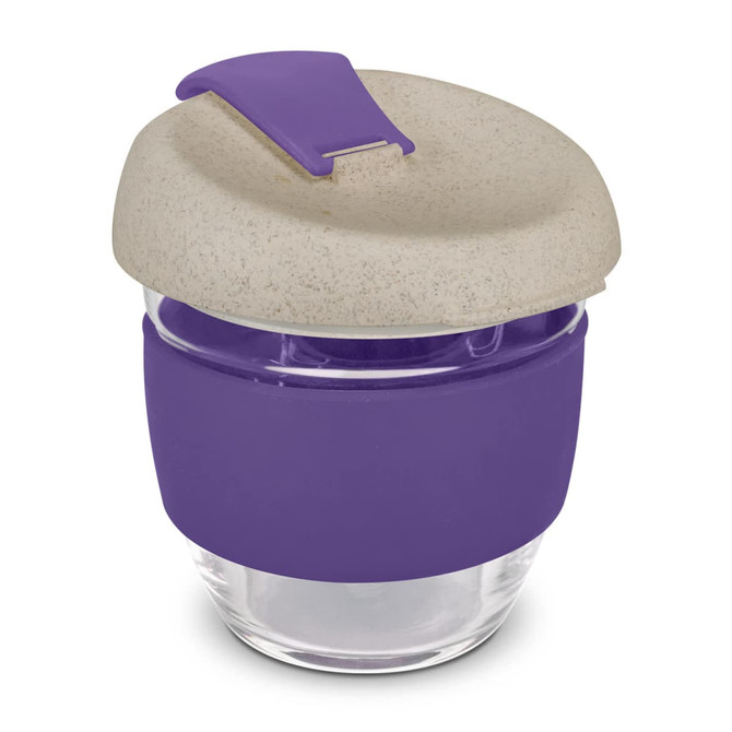 A drink bottle with a clear glass body, featuring a beige lid and a purple silicone grip. It has a logo on the lid.