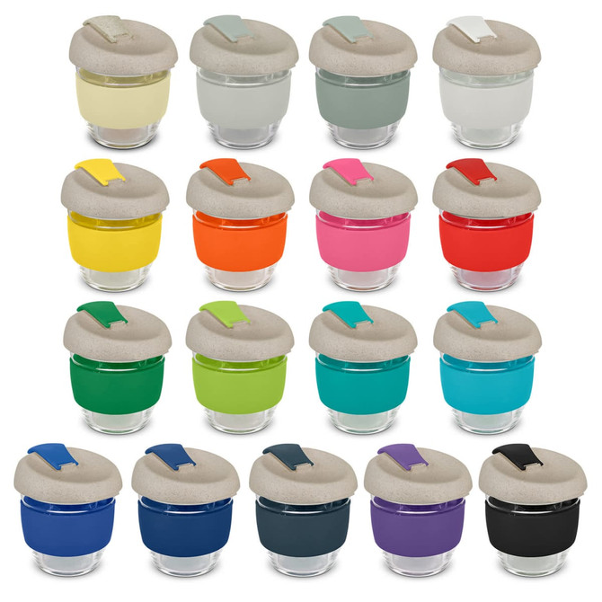 A drink bottle collection featuring various colours with clear bases and textured lids. Each bottle has a logo.