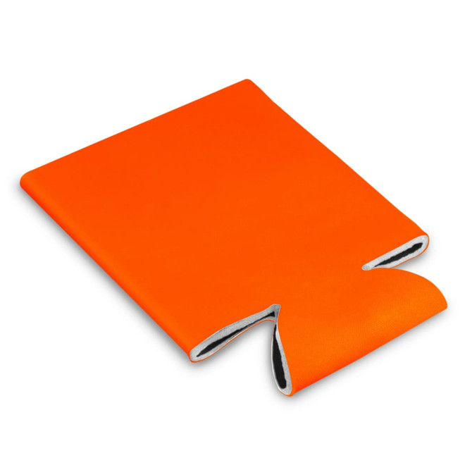 An orange stubby cooler with a contrasting inner colour, featuring an opening for easy access to a drink bottle.