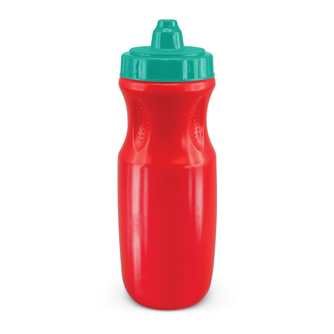 A drink bottle in bright red with a teal lid, featuring a textured grip and a logo.