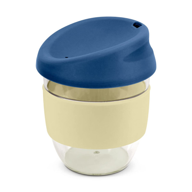 A drink bottle with a transparent body, beige silicone band, and a blue lid. It features a logo on the side.