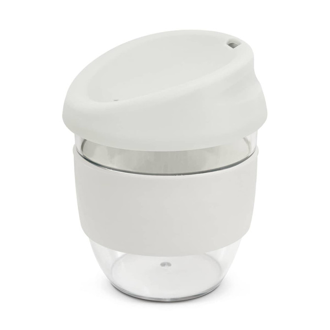 A drink bottle in a sleek design features a clear base and a soft white lid with a silicone grip band.