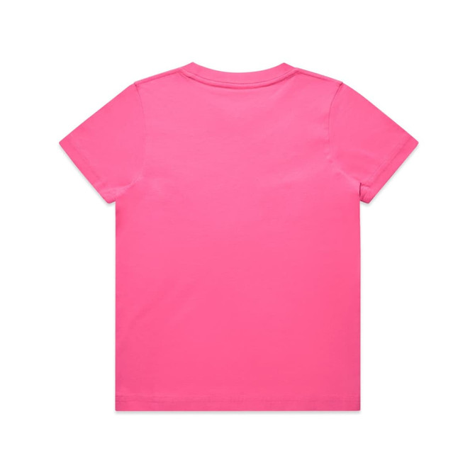 A pink kids' T-shirt with a plain back and a logo on the neck area.