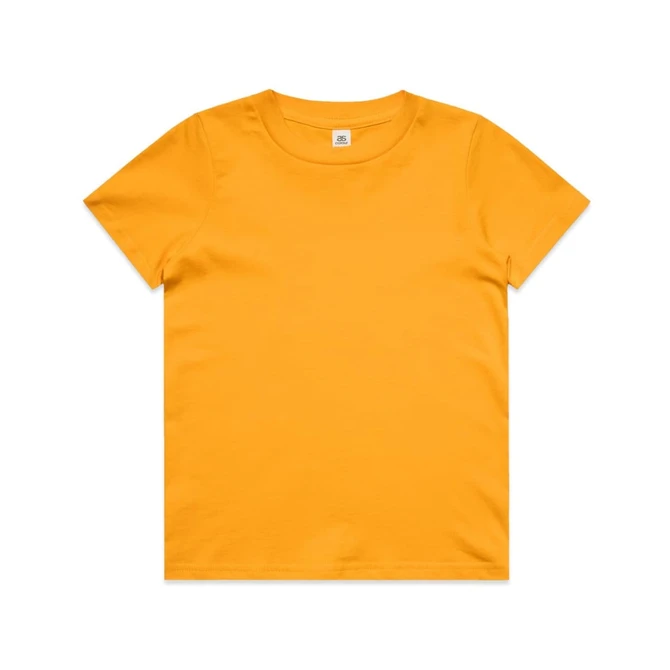 A bright yellow youth t-shirt featuring a classic crew neck design and a tag inside. It has a plain style without patterns.