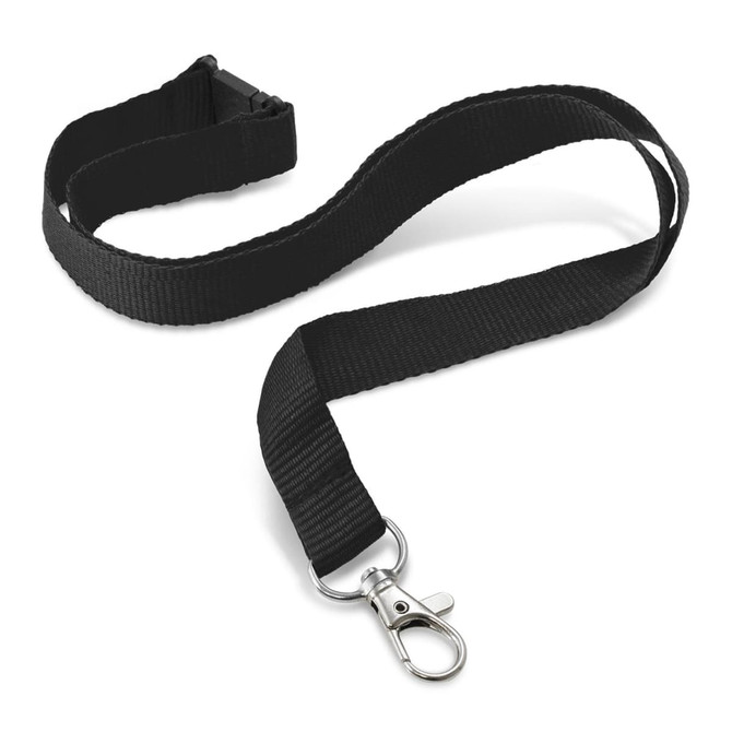 A custom printed lanyard in black, featuring a 16mm width and a metal clip for attachment.