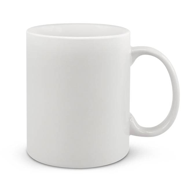 A coffee mug in a plain white design, featuring a smooth surface and a comfortable handle.