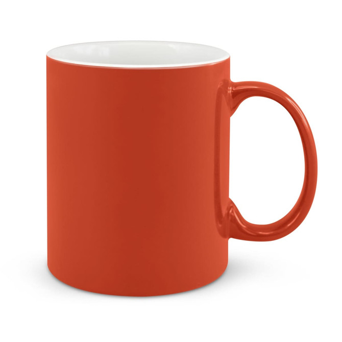 A coffee mug in a vibrant orange color with a smooth finish and a comfortable handle. The interior of the mug is white.