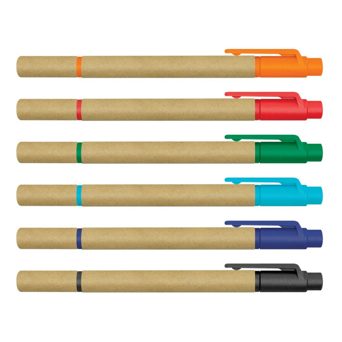 A set of six Kraft Pen highlighters in orange, red, green, blue, turquoise, and black with a natural kraft barrel design.
