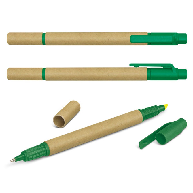 A set of Kraft Pen Highlighters in green with a cardboard body and caps, featuring a logo on the barrel.