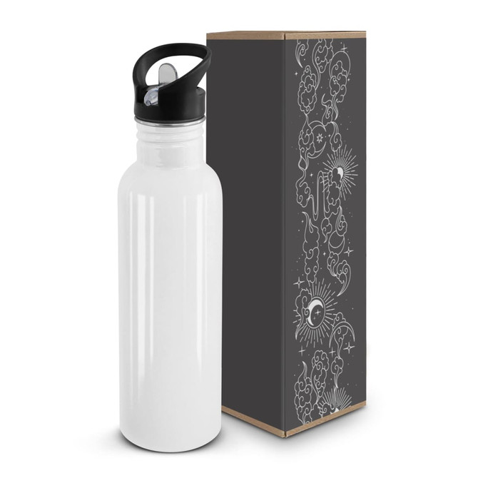 A drink bottle in white with a black lid, accompanied by a decorative box featuring intricate designs.