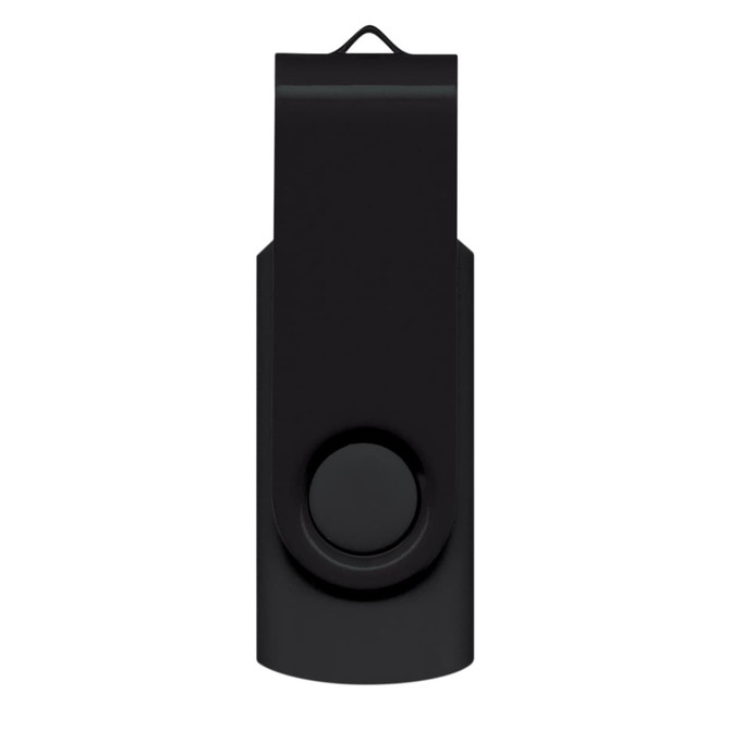 A Helix 4GB Mix & Match Flash Drive in sleek black design with a swivel cap and a circular thumb button for easy use.