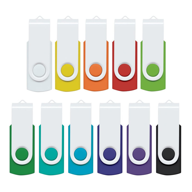 A collection of 10 colourful flash drives in various hues including orange, green, blue, and purple, with a white casing.