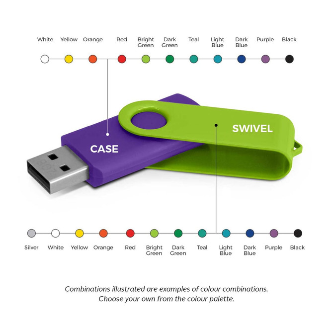 A green and purple Helix 4GB flash drive with a swivel cap, featuring a colour palette for custom combinations.