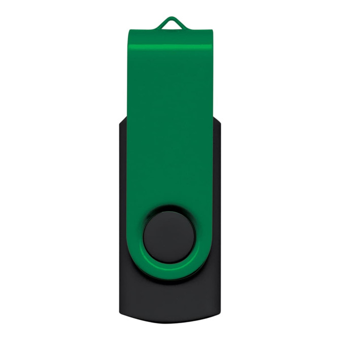 A green and black Helix 8GB flash drive with a swivel design and a logo.