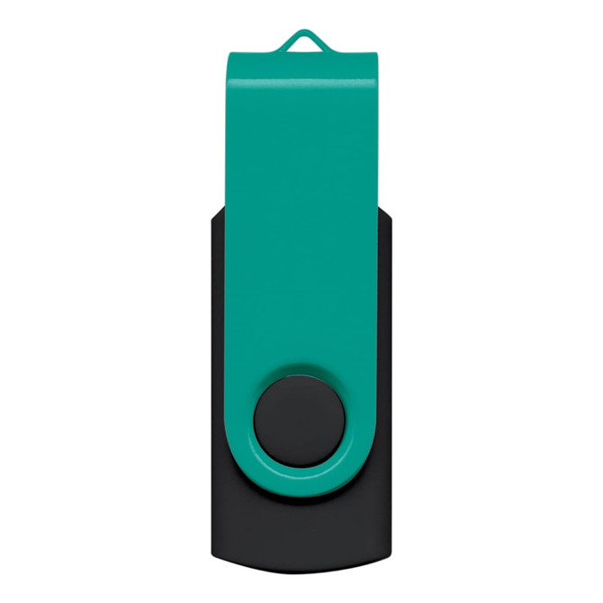 A teal and black Helix 8GB flash drive with a swivel design and a logo on the front.