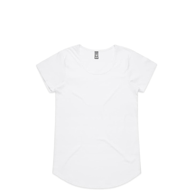 A white T-shirt with a rounded neckline and short sleeves, featuring a simple design and a tag.