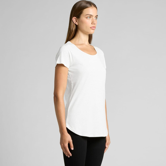 A white women's t-shirt with a scoop neckline and short sleeves, displayed on a model against a light background.