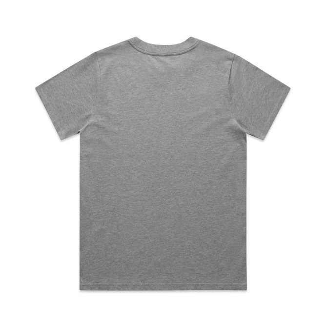A grey t-shirt with short sleeves and a plain back, featuring a logo on the upper back.